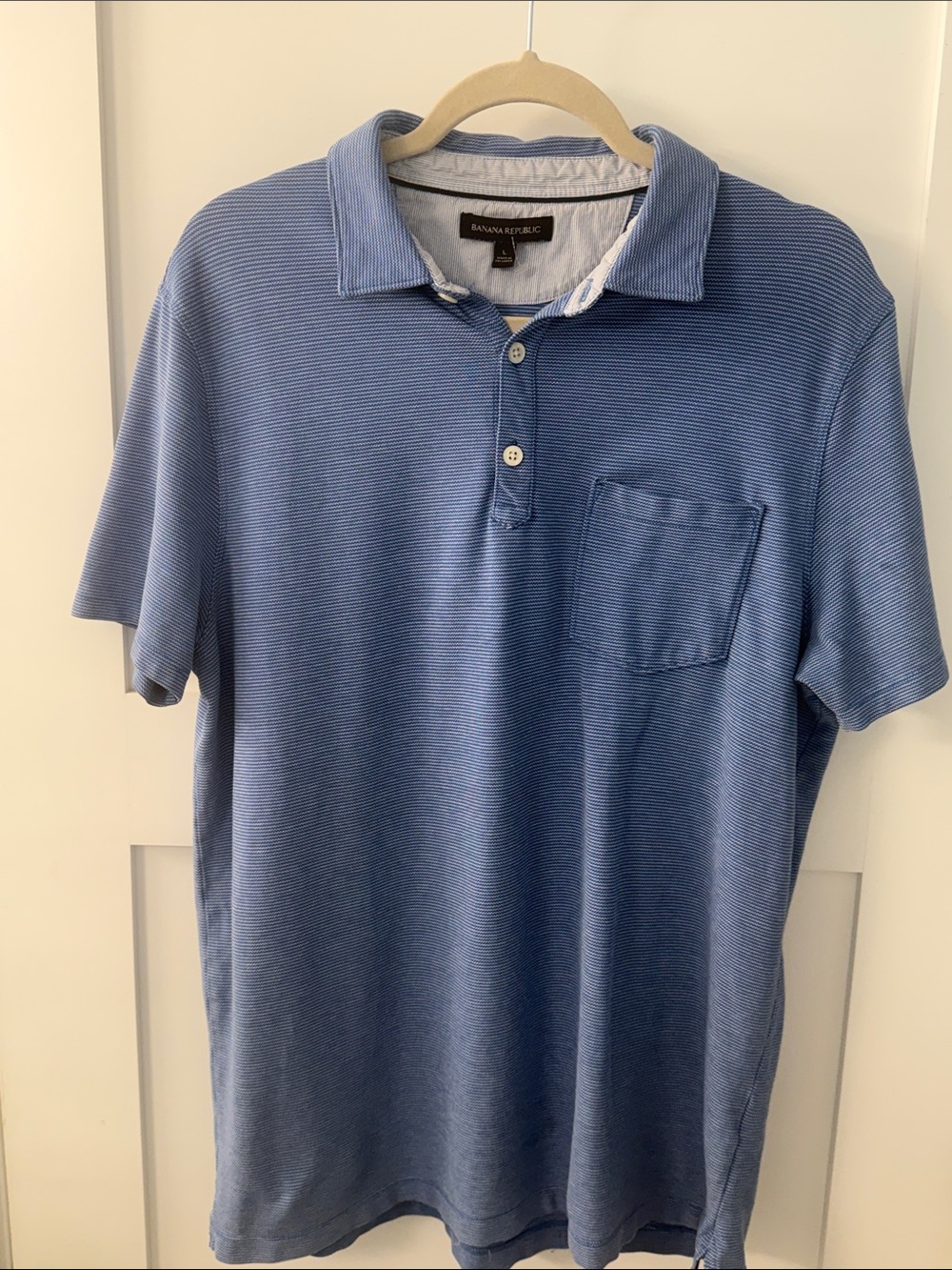 Banana Republic Light Blue Short-Sleeve Striped Polo with Chest Pocket